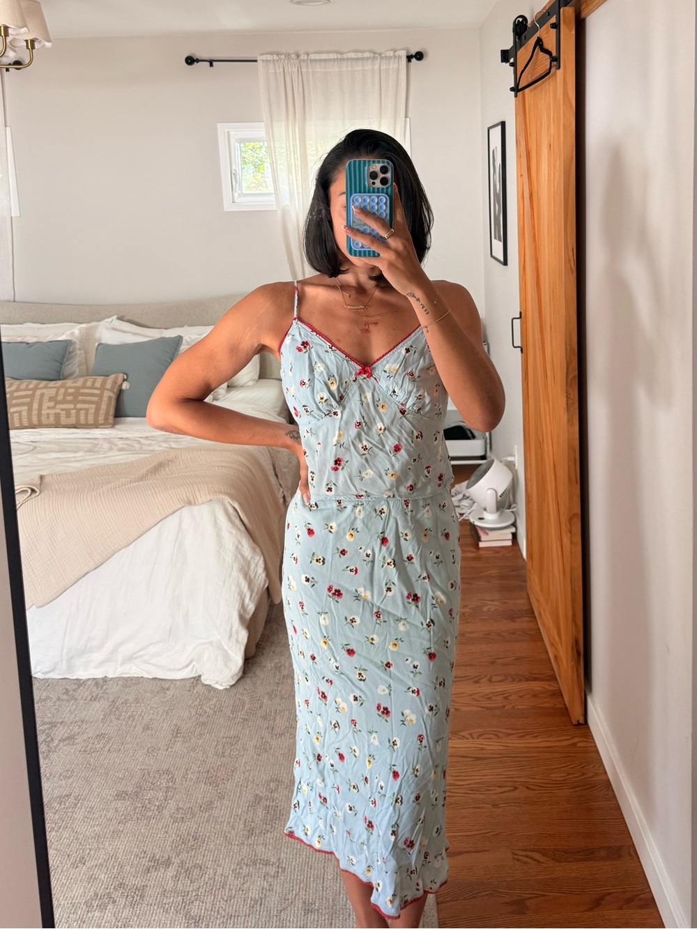 Light Blue Floral Midi Slip Top + Skirt with Red Trim from Gap x Doen
